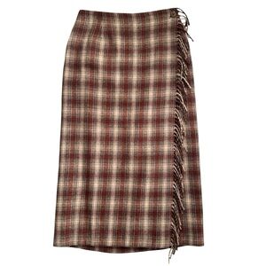 Daniel Hechter Plaid Fringe Wrap Midi Skirt, Brown/Beige, Wool Blend, Size 6 (S)